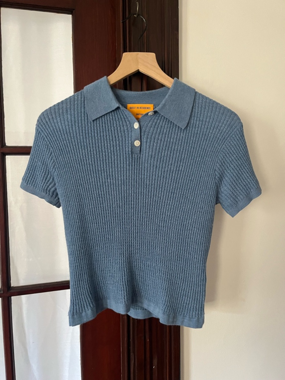 NWOT Guest in Residence 100% Cashmere Short Sleeve Polo in Denim Blue - size S